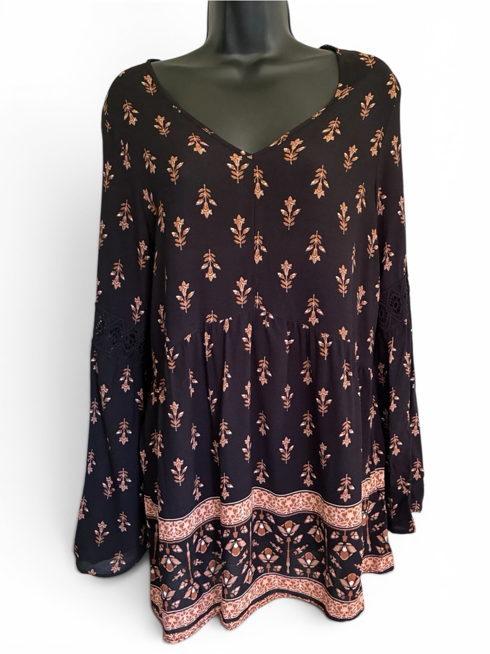 California Boho Black Floral Peasant Fairycore Whimsygoth Tunic Mini Dress Sz S